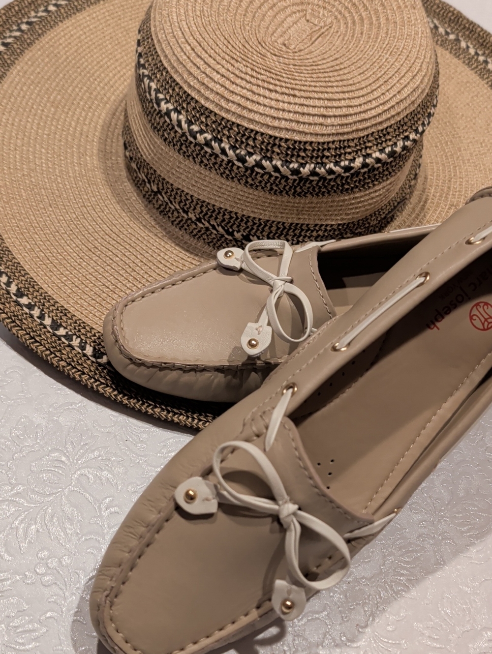 Marc Joseph Taupe Leather Bow Driving Loafers